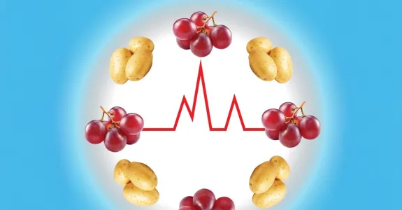 Graphic image of clusters of potatoes and grapes around a monitor line.