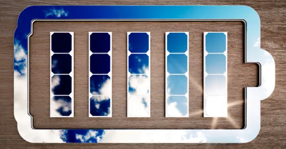 Graphic of a battery shaped pictogram colored in with an overlaid image of solar cells.