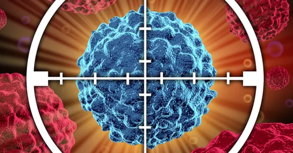 Graphic image of a cancer cell in target crosshairs.