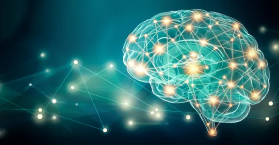Graphic image of a human brain with nodes lit up to indicate connections.