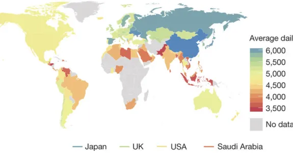 World map showing countries delineated in diffierent colors to indicate average numbers of daily steps, with European countries generally rating higher in average steps than others.