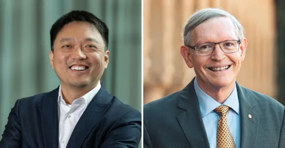 One headshot photo of Dr. Lei Stanley Qi and one headshot photo of Dr. W. E. Moerner.