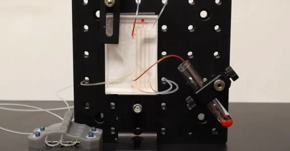 Video screenshot showing a square black frame with pale tubes, which has a microfluidic device in the middle that is filtering blood, and holding a blood vial near the bottom right of the frame to receive filtered blood.
