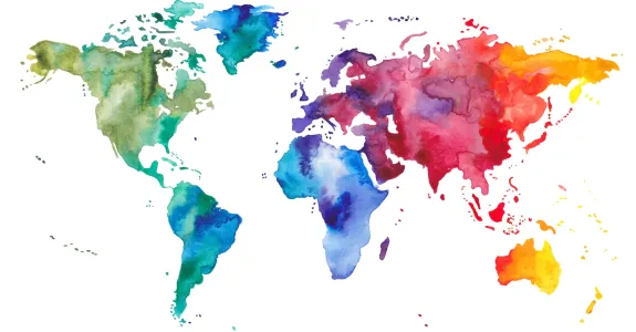 Graphic showing a world map in different colors of watercolor.