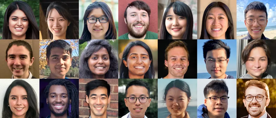 Collage of headshot photos of 21 graduate students.