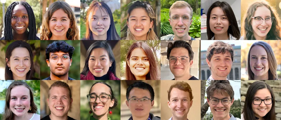Collage of headshot photos of 21 diverse graduate students