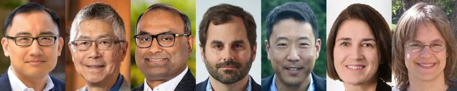 Headshot photos of 7 awarded faculty in a line.