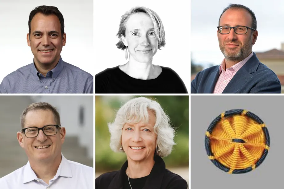 Collage of headshot photos of faculty awardees Tim Assimes, Polly Fordyce, Alberto Salleo, Aaron Straight, and Gretchen Daily.