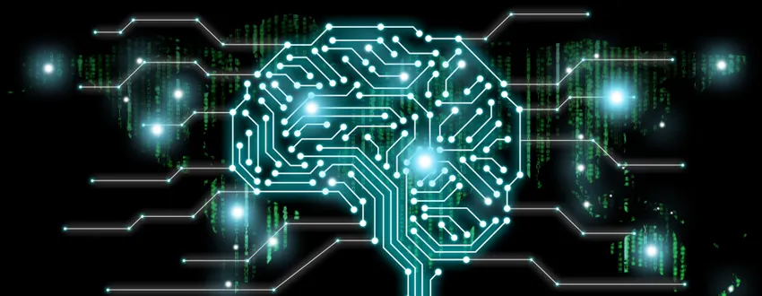 Graphic image of a brain shape made of interconnected lit up dots in a circuitboard-like design.