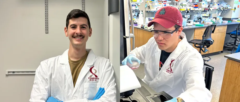 Composite of two photos, each of a graduate student in a wet laboratory, working with equipment.