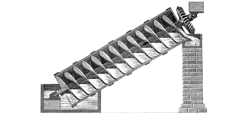 Sketch-style diagram of Archimedes' screw showing water being moved upward through cylindrical screw.