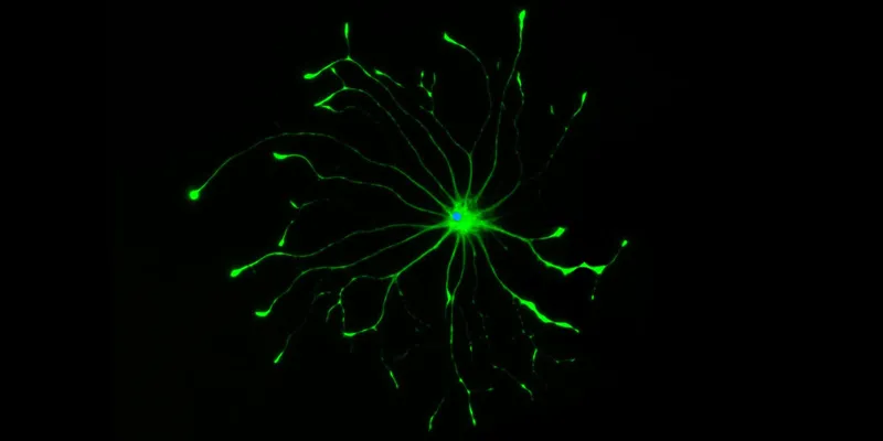 Image of an astrocyte cell lit up green.