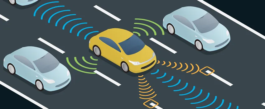 Graphic image of an autonomous car on the highway, scanning its surroundings in every direction.