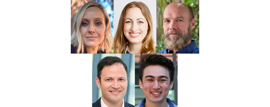 Photos of Drs. Erin Gibson, Jeffrey Goldberg, Michelle Monje, and John Huguenard, and undergraduate Jared Hysinger.