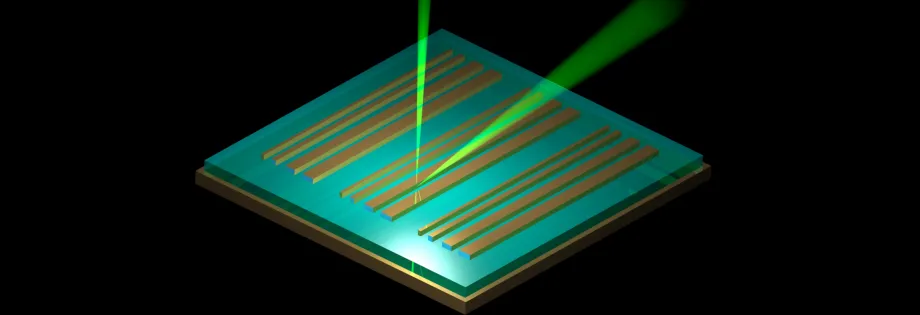 Graphic image of a square object that looks like a circuit board with two beams of light extending away from the same point, one going up and one going diagonally.