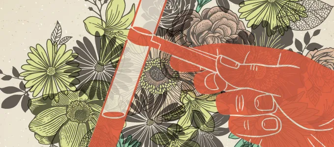 Graphic depiction of scientist's hand and plants.