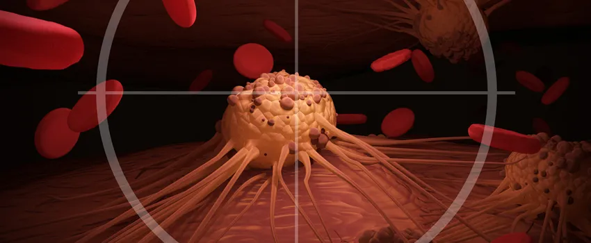 Graphic illustration of a cancer cell inside of crosshairs.