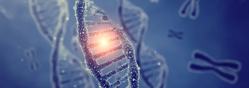 Graphic image of DNA strands with one base pair lit up.