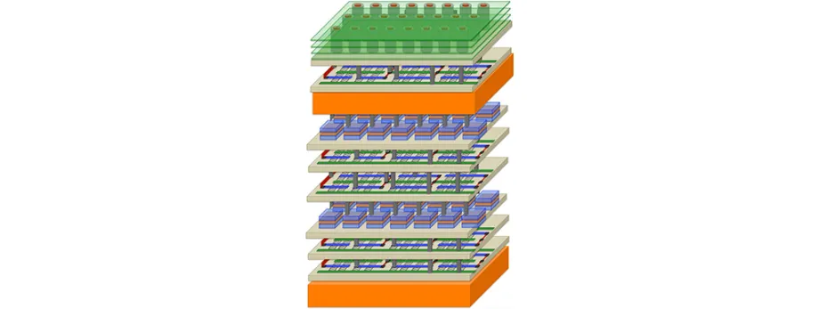 Graphic image of skyscraper-style computer chip.