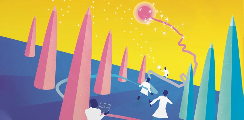 Illustration of miniature scientists in white coats chasing after a neuron and collecting data.