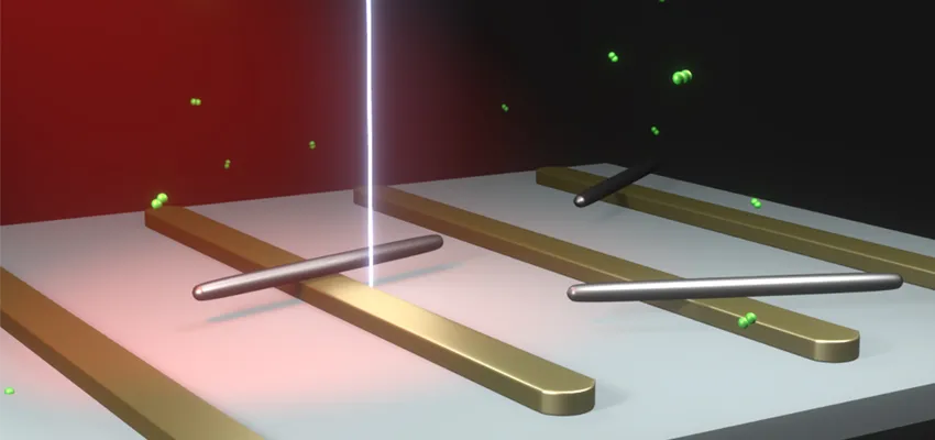 3D graphic image depicting a white surface with evenly spaced gold bars fixed on top of it, with freely moving smaller silver bars. A beam of light shines down in the center, with green particles floating around the area.
