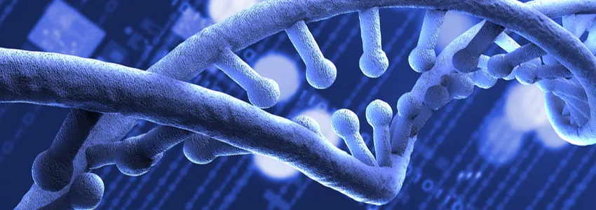 Graphic image of a double-helix of DNA against a background of numerical data.