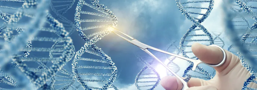 Graphic illustration of strands of DNA with scientist's hand reaching into remove a lit-up segment with forceps.