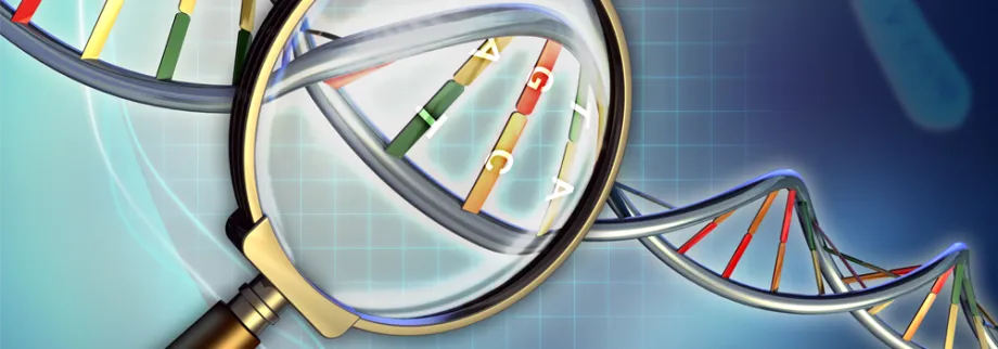 Graphic image of magnifying glass and DNA.