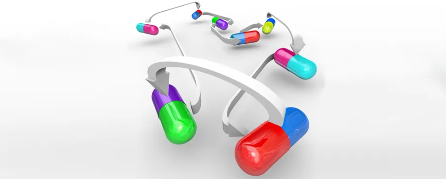 Graphic image of arrows pointing between pills to indicate drug interaction.