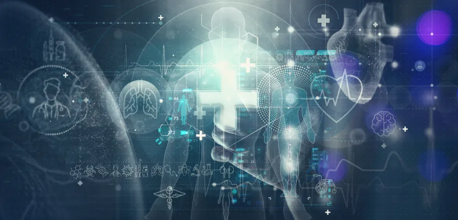 3D scientific illustration depicting the abstract shape of a person with lots of digital health data around them.