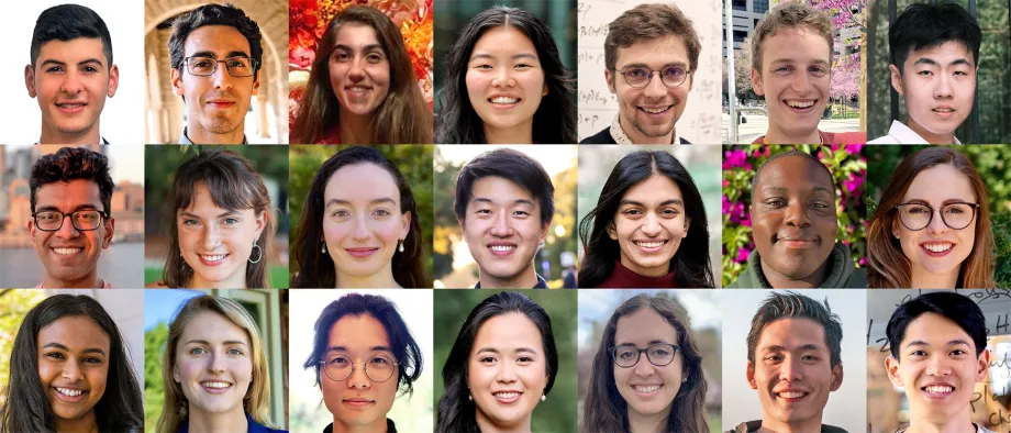 Collage of headshot photos of 21 diverse graduate students.
