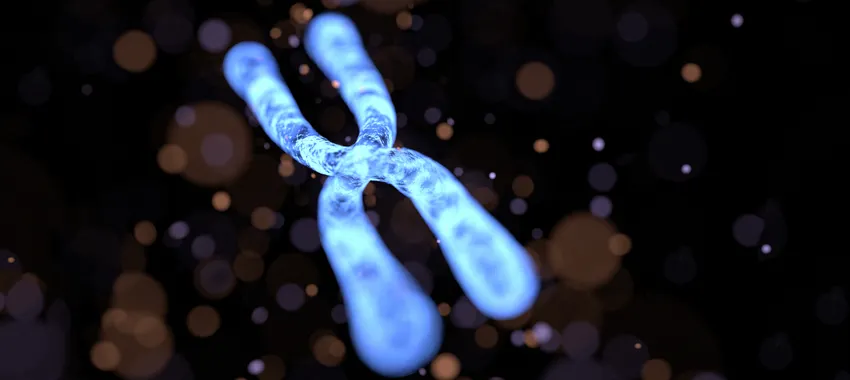 Graphic image of a single chromosome lit up in bright blue against a dark background.