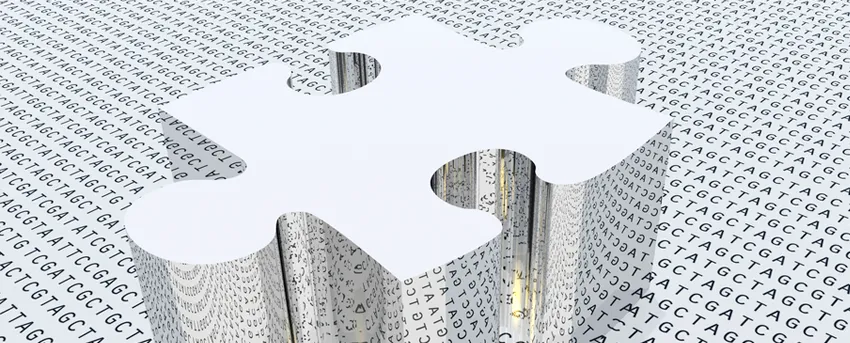 Graphic illustration depicting a large reflective puzzle piece on a surface with genetic code letters (A, G, C, T) all over it.
