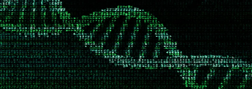 Graphic image of a DNA double-helix made of numbers to indicate data, lit up in green on a dark background.