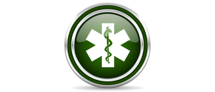 Image of green button with medical cadaceus.