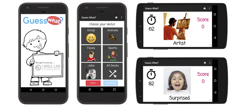 Image of screenshots on a phone of Dr. Dennis Wall's groups smartphone game Guess What, showing theme options child can choose from and then example screens of people or expressions/emotions for player to identify.