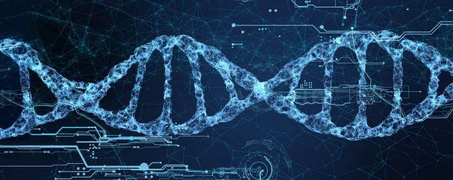 Graphic image of a blue glowing DNA double-helix on a darker blue background with circuitboard elements lit up in blue.