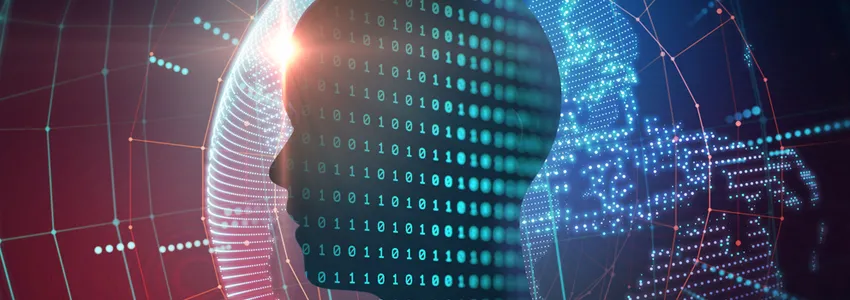Graphic image of a silhouetted human head with binary code through it, in front of a world map of lit up data points.