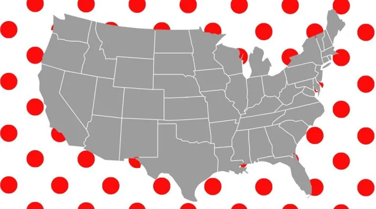 Graphic image of the continental United States superimposed on a background of red spots on white.