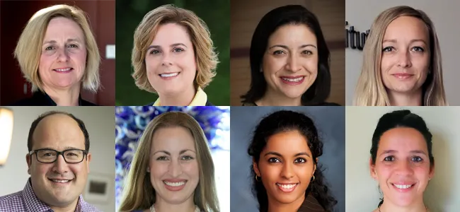 Headshot photos of Crystal Mackall, Jennifer Cochran, Kara Davis, Robert Majzner, and Michelle Monje, Sabine Heitzeneder, Sneha Ramakrishna, and Elena Sotillo-Piñeiro.