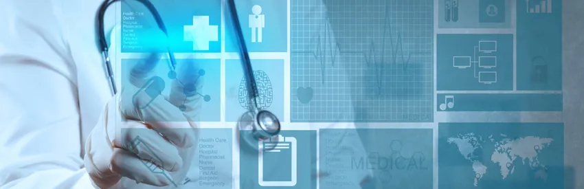 Graphic image of physician analyzing data.
