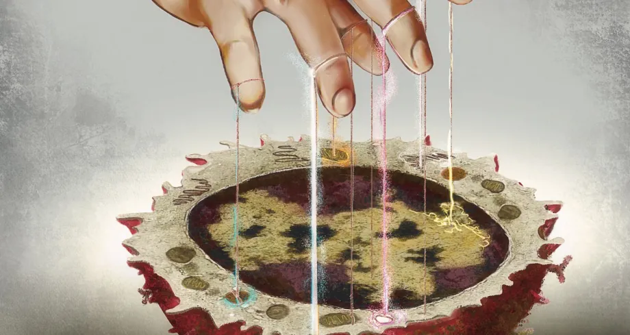 Illustration of a hand over a cell, with lines tied to the fingertips leading down to different parts of the cell.
