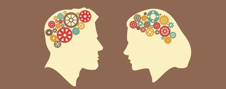 Graphic illustration of two heads in profile facing each other, one designed to look male with short hair and one female with long hair, with colorful gears inside the area where their brains would be.