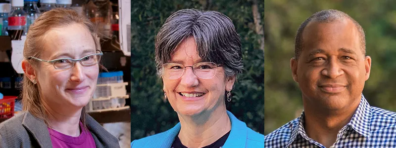 Banner of headshot photos showing Drs. Judith Frydman, Kam Moler, and Tirin Moore.