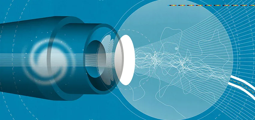 Illustration showing a light shining through a simplistic depiction of an eye.