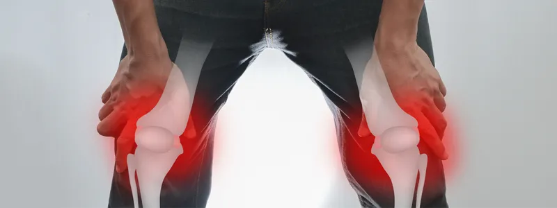 Photo of a man holding his knees, with 3D superimposed structure of his bones with red around the knees to show inflammation.
