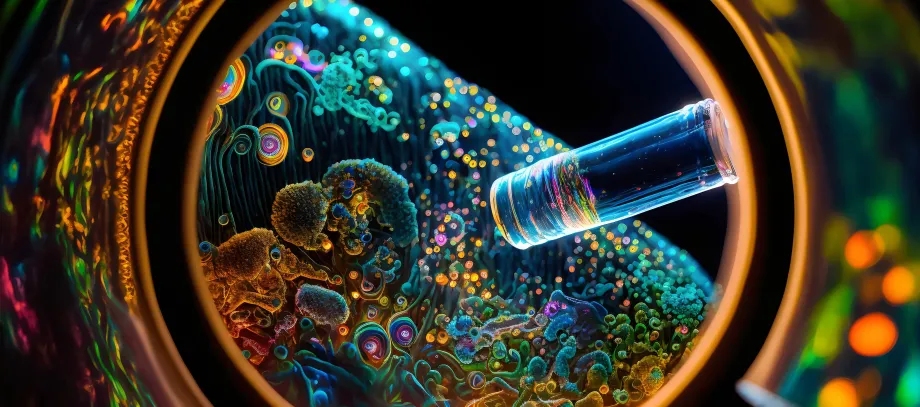 3D scientific illustration depicting microbiome microbes under a microscope, with lots of glowing bright colors.