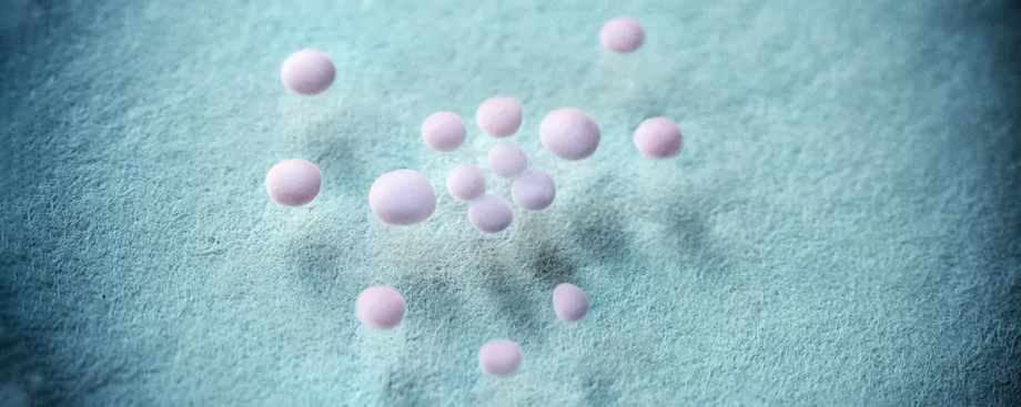 Image of organoids, tiny spheres shown in purple suspended above a blue background.