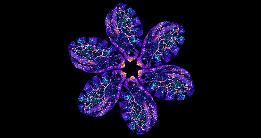Image of 5 scans from Bellymount, each "petal"-shaped, arranged into a flower. Scans show organs, vessels, and other features, brightly colorized.
