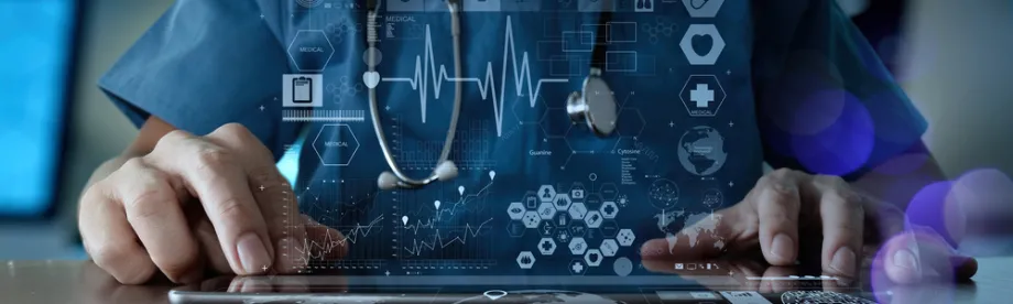 Photo with graphic enhancements of medical scientist collecting data.